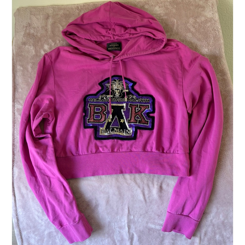 Balmain x Beyonce BAK Pink Cropped Hoodie Sequin Crest Womens Small